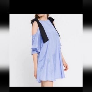 Blue Cold Shoulder Dress with Black Bow Accents
